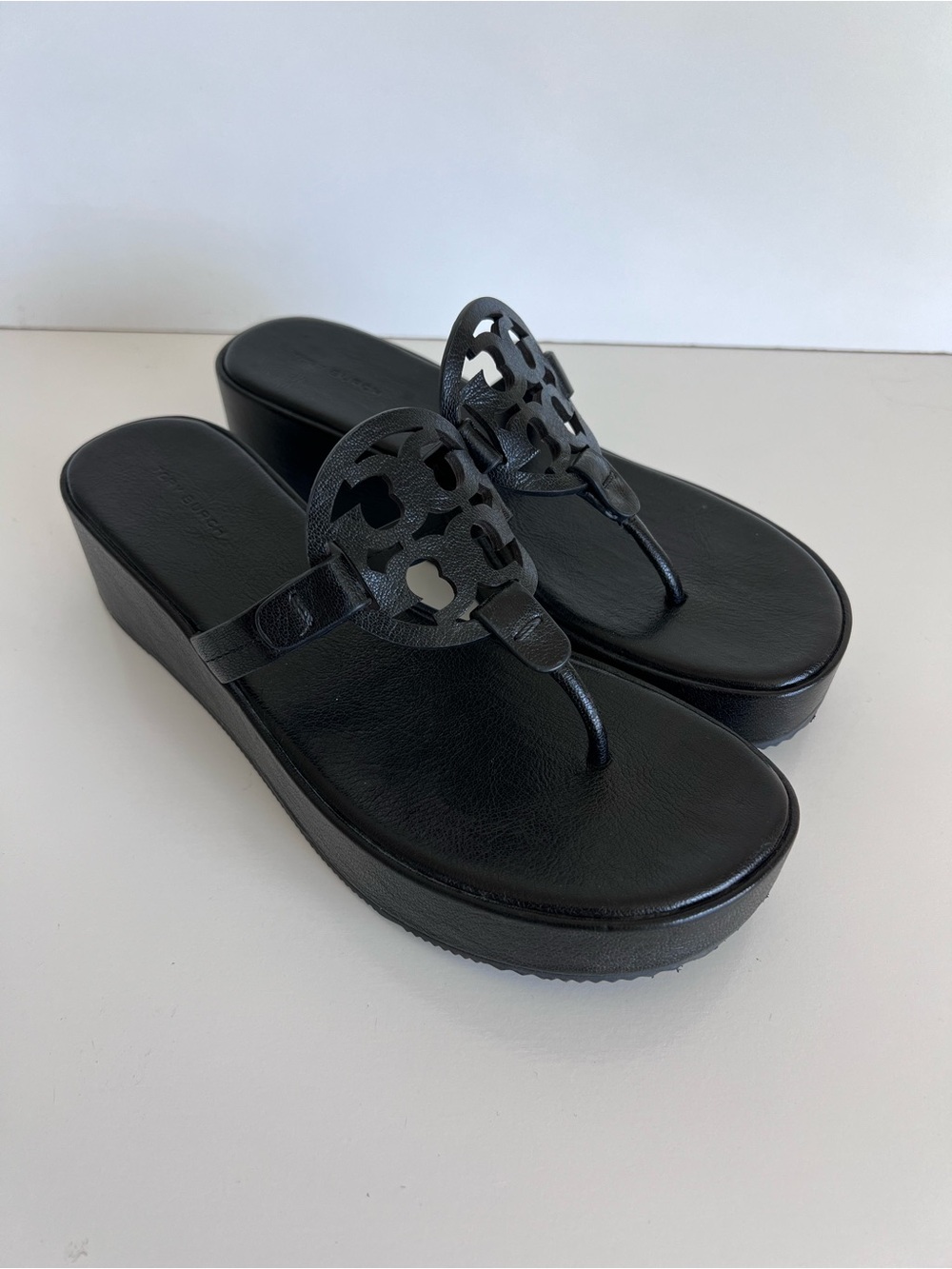 Tory Burch Miller Platform Wedge Sandals Leather Black 8.5